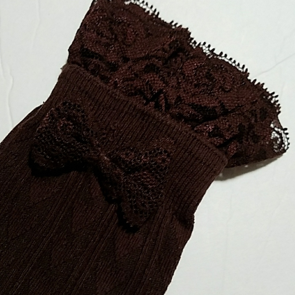 Thigh Hi Lace Trim w/Bow Socks Coffee, Lt Gray - Picture 5 of 7